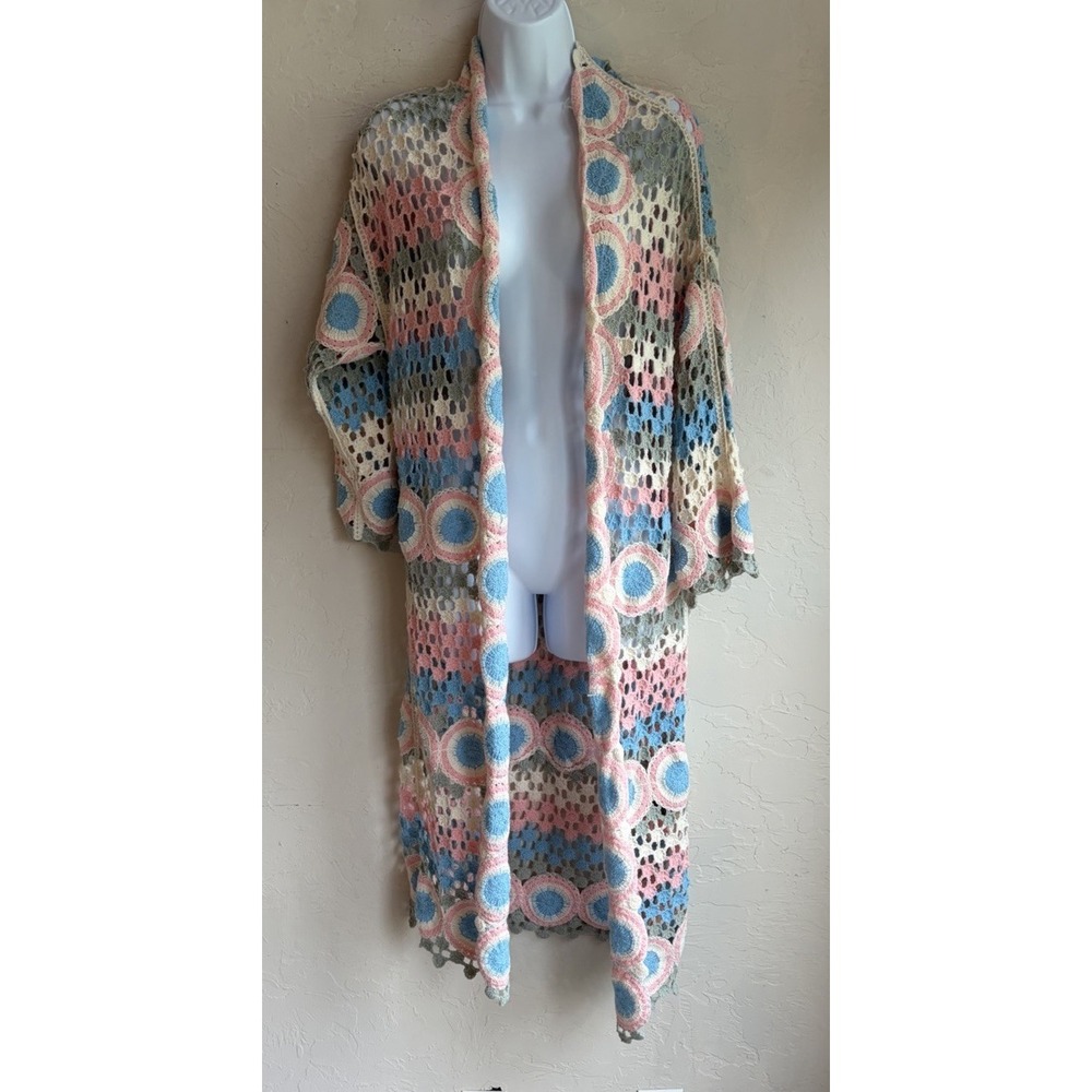 POL Crochet Maxi Duster Cardigan O/S Pastel Boho Festival Cottagecore Open Knit
